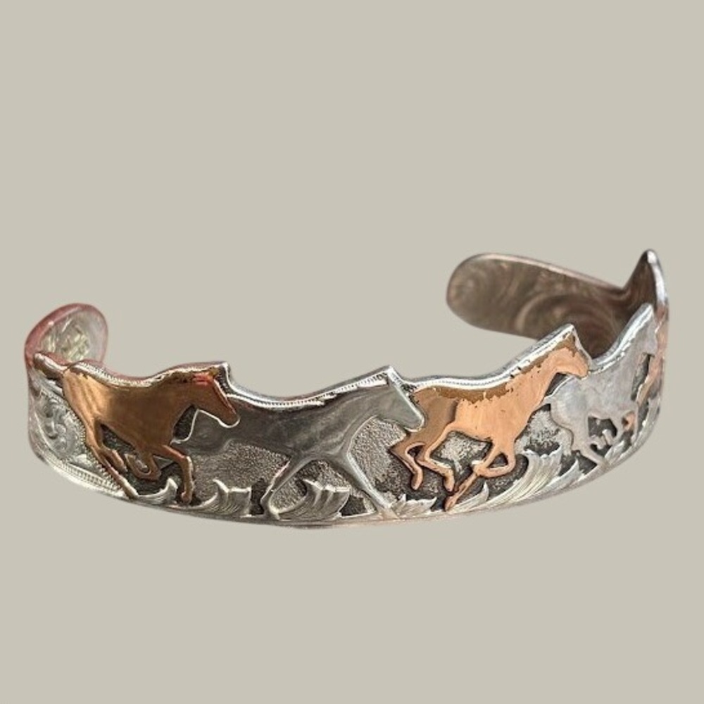 Montana Silversmiths Two Tone Galloping Horse Engraved Western Cuff Bracelet